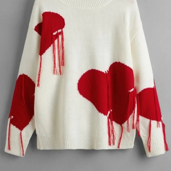 Love One Another Heart Pattern Fringe Trim Sweater - Picture 6 of 9